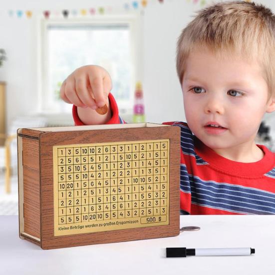 Wood Money Box with Target Number Sticker Marker Pen Large Capacity Piggy Bank Coin Cash Container Kids Adults Money Saving Challenge Case Jar