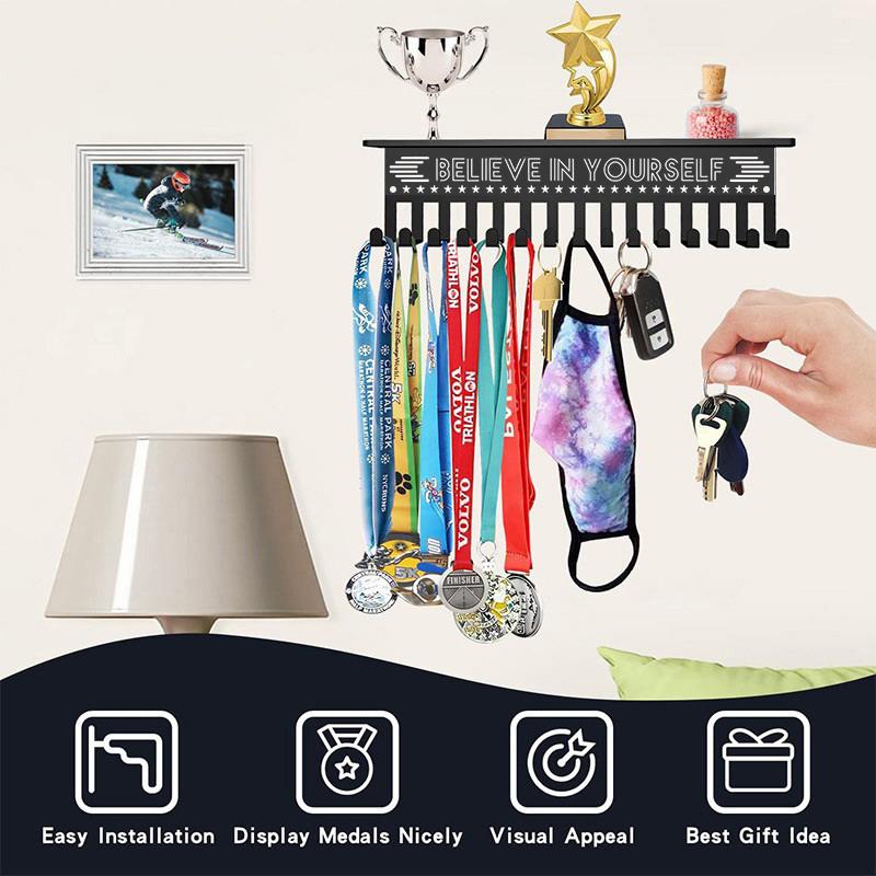 Wall Mounted Medal Display Rack Metal Trophy Shelf Medal Hanger Display With 15 Hooks Medal Holder Sturdy Honor Ribbon Organizer