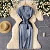 Vintage Women's  Embroidery Waist Split Hip Wrap Denim Long Dresses