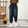 Korean Style Thick Fleece Winter Women Warm Jeans High Waist Vintage Casual Loose Denim Trousers Retro Patchwork Dark Blue Jeans