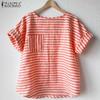 ZANZEA Женский летний топ с круглым вырезом, короткими рукавами и контрастными полосками и передним карманом