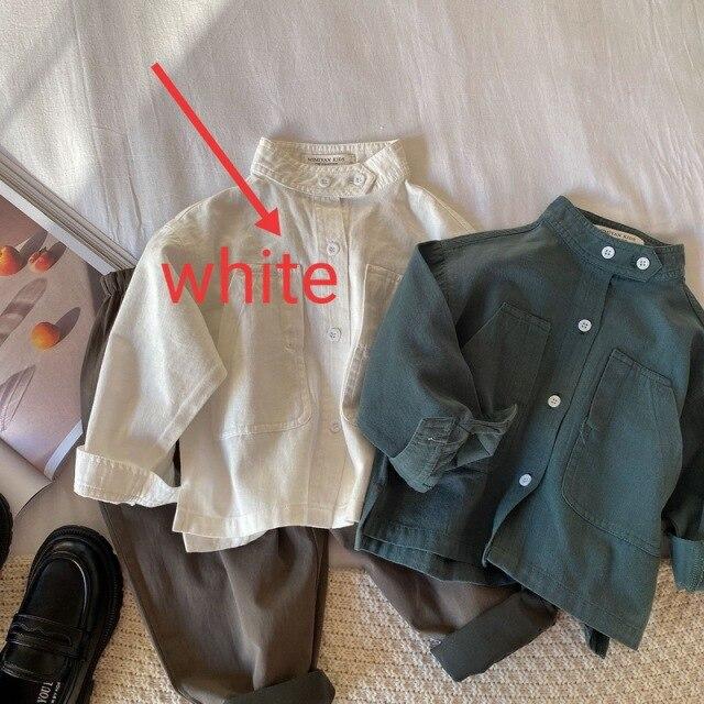 Детская рубашка в корейском стиле с воротником-стойкой, хлопковая рубашка с длинными рукавами, пальто для мальчиков и девочек, топы, детская одежда 1-7 лет