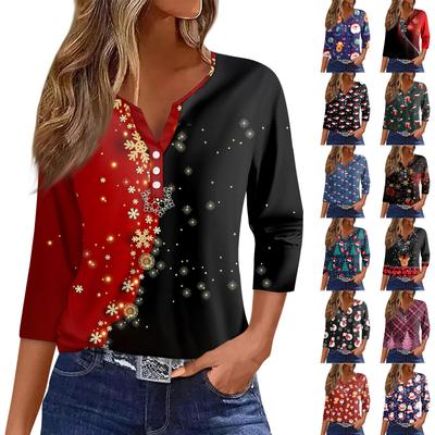Женская футболка с рождественским принтом, на пуговицах, рукав 3/4, повседневная мода на выходные, базовый топ с V-образным вырезом
