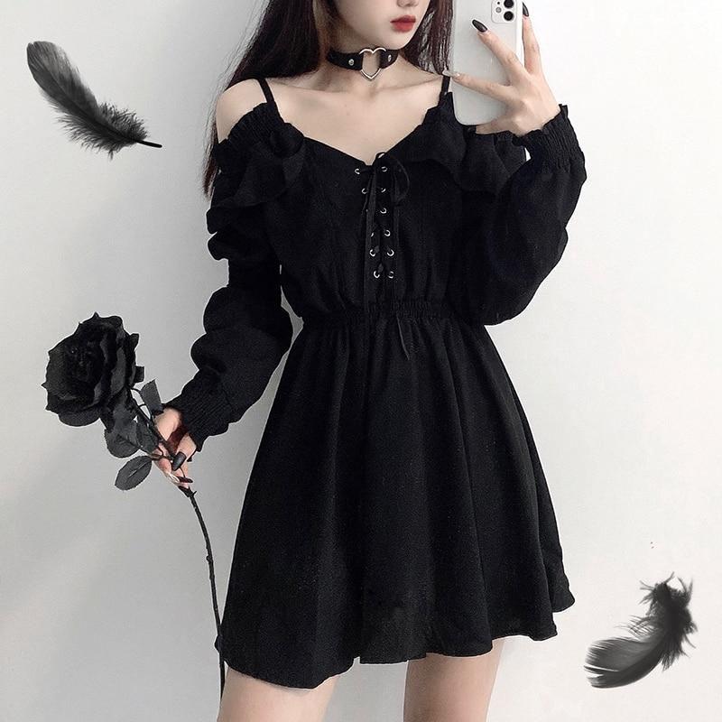 Women Dress Plus Size Lace Up Black Spring Autumn Sexy High Waist Femme Dresses Off Shoulder Long Sleeve Gothic Clothes