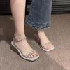 Fashion Square Toe Female Sandal High Heels Women's Shoes Silver Buckle Strap 2025 Summer Girls High-heeled Open New Rhinestone