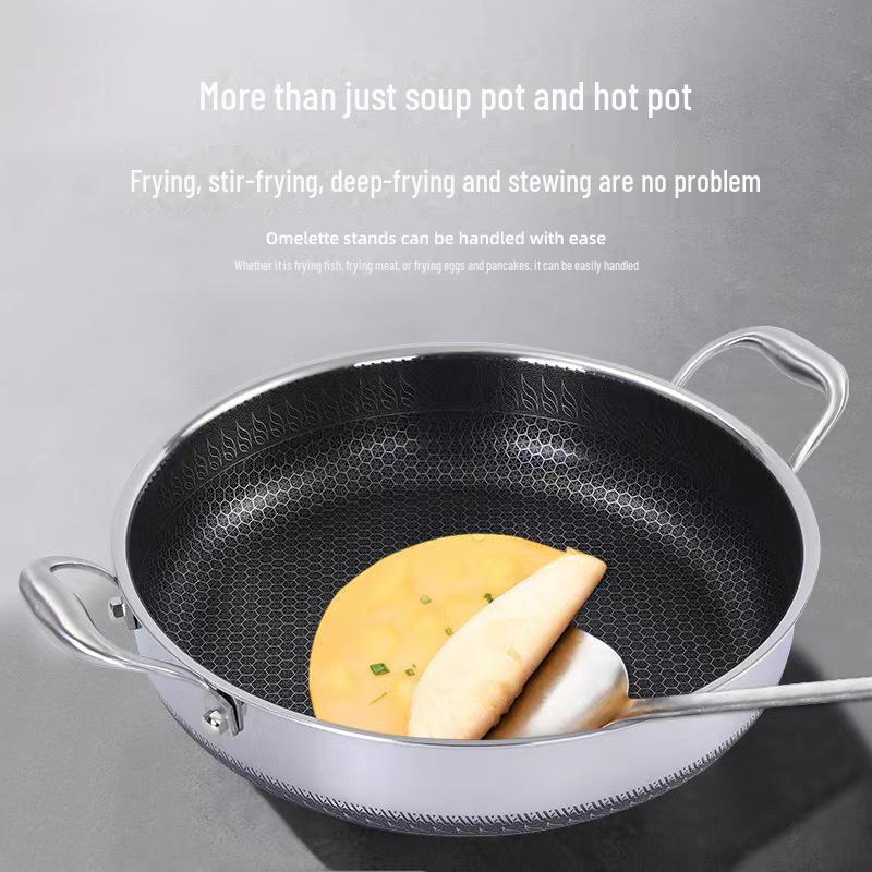 Сковорода из нержавеющей стали 316 с двойными ушками и сотовым покрытием, антипригарная, с крышкой, плоским дном, без покрытия.