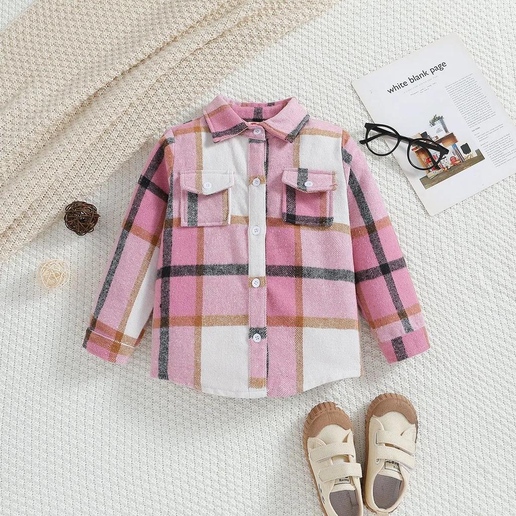 Toddler Baby Boy Girl Plaid Shirt Jacket Outfits Button Down Cardigan Kids Long Sleeve Coat Tops Fall Clothes