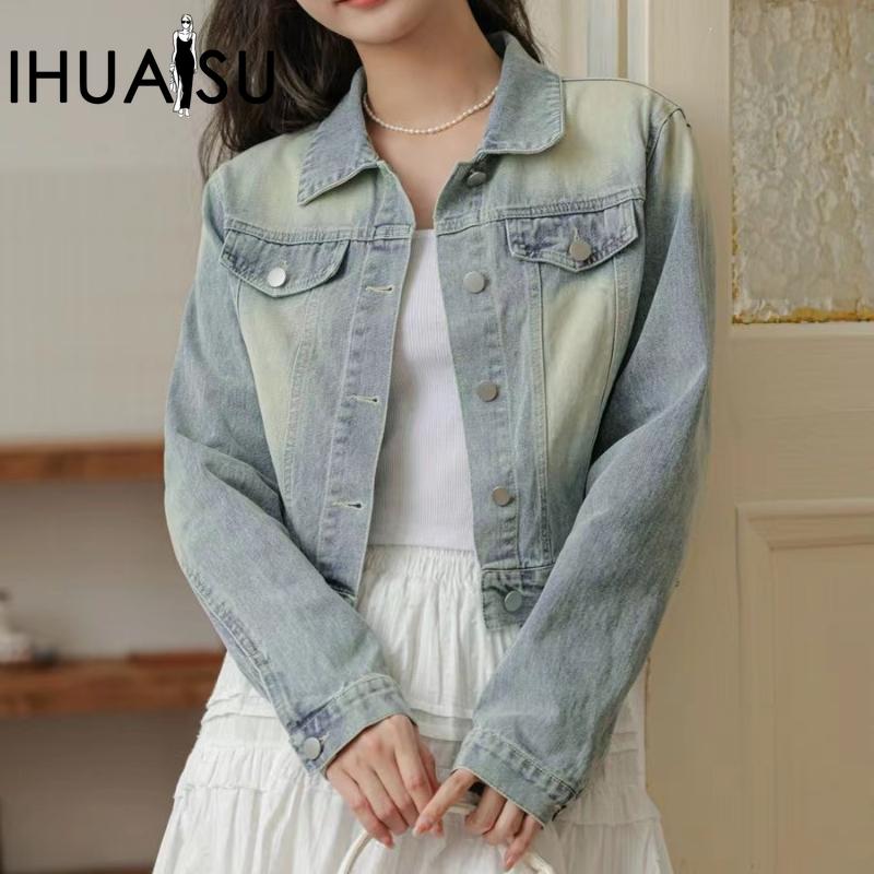 IHUASU Женская винтажная повседневная джинсовая куртка и пальто с длинным рукавом и воротником-поло на осень и зиму