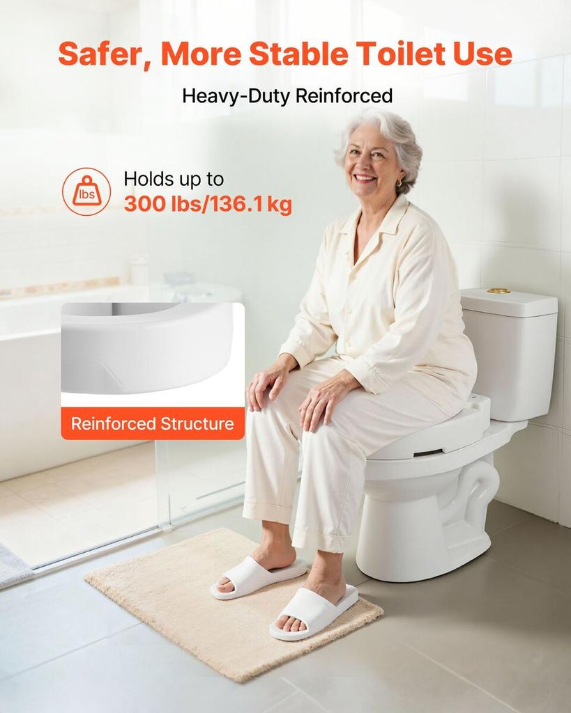 Raised Toilet Seat, 136.1 kg Load Capacity, 88.9 mm Lift Height, Commode Elevated Toilet Seat Riser with Enlarged Opening for Seniors, Elderly,