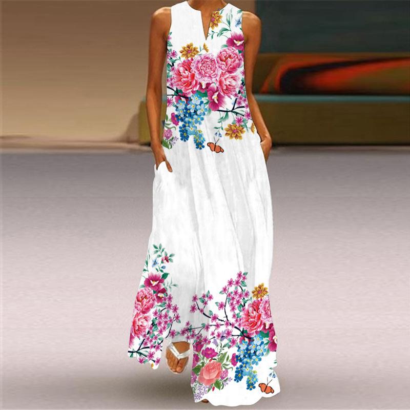 Women's 3D Printed Dresses Summer Boho Sleeveless V-Neck Long Dress Ladies Casual Loose Beach Party Maxi Dresses