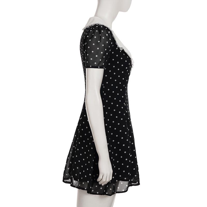 Платье А-силуэта с V-образным вырезом в горошек в стиле Хепберн с кружевом: Тонкая, Элегантная Короткая Юбка