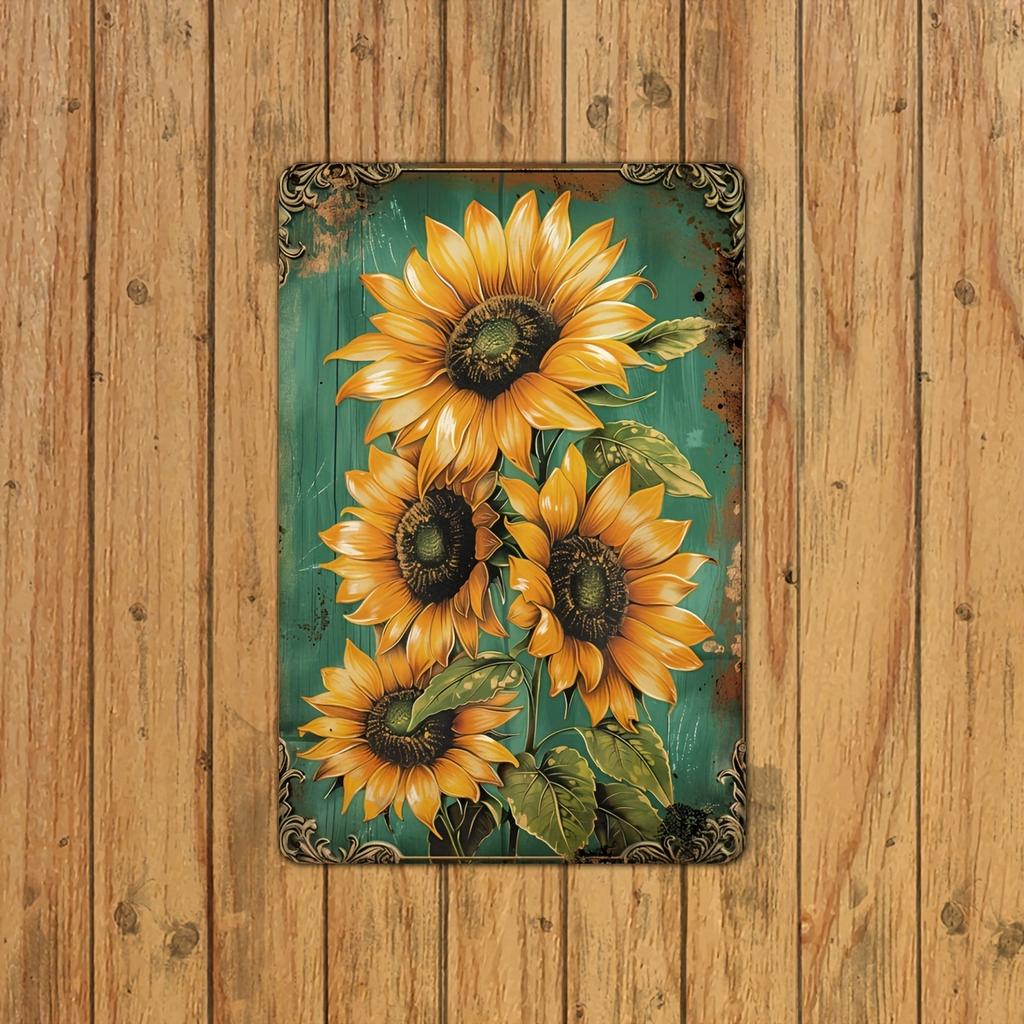 2D flat, 1 piece 12x8 inch vintage sunflower aluminum metal sign - rust-proof wall art with vibrant yellow sunflowers