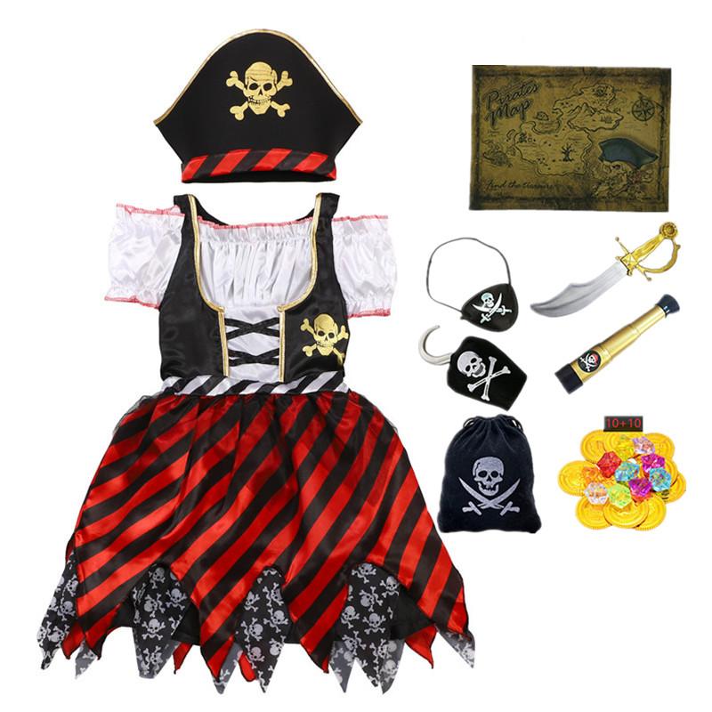 3-12Y Pirate Cospay Costume Skull Party Striped Dress with Toy Set for Christmas Halloween Captain Jack Princess Dress Party