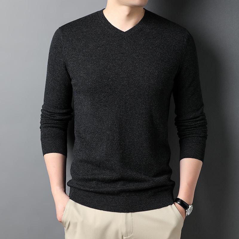 Весенне-осенний мужской шерстяной свитер с V-образным вырезом, пуловер с длинным рукавом, шерстяной вязаный низ, модный мужской повседневный шерстяной свитер, интерьер