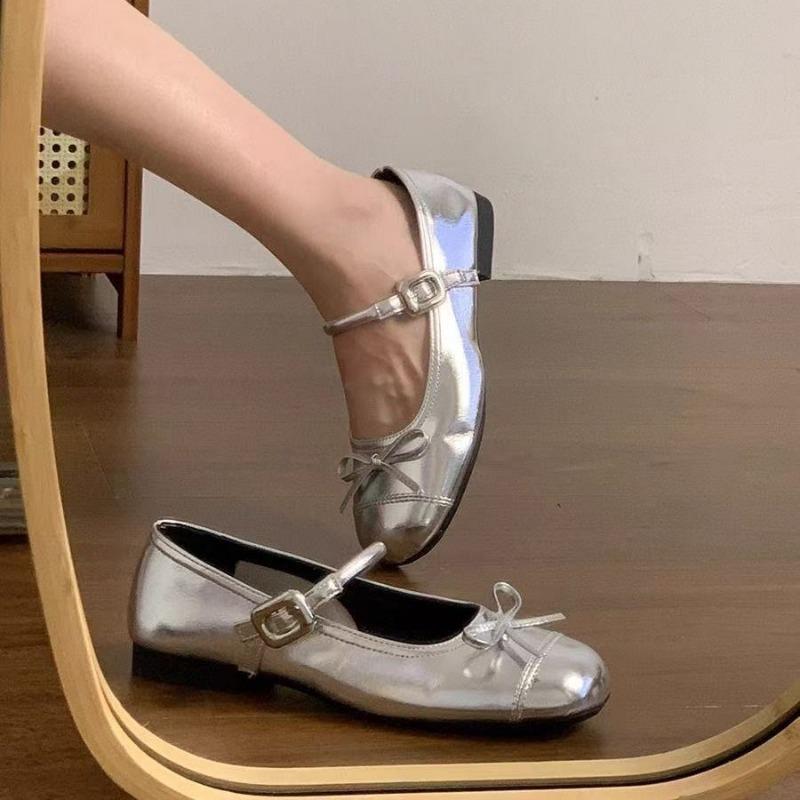 Серебристые туфли-балетки с открытым верхом женские новые летние под юбку с круглым носком Мэри Джейн