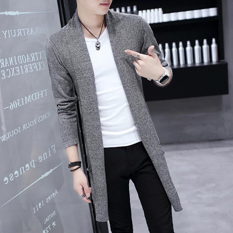 Trench Coat Men's Medium and Long Spring and Autumn Youth Knitted Cardigan Jacket Thin Korean Version Casual Lapel Slim Sweater Top