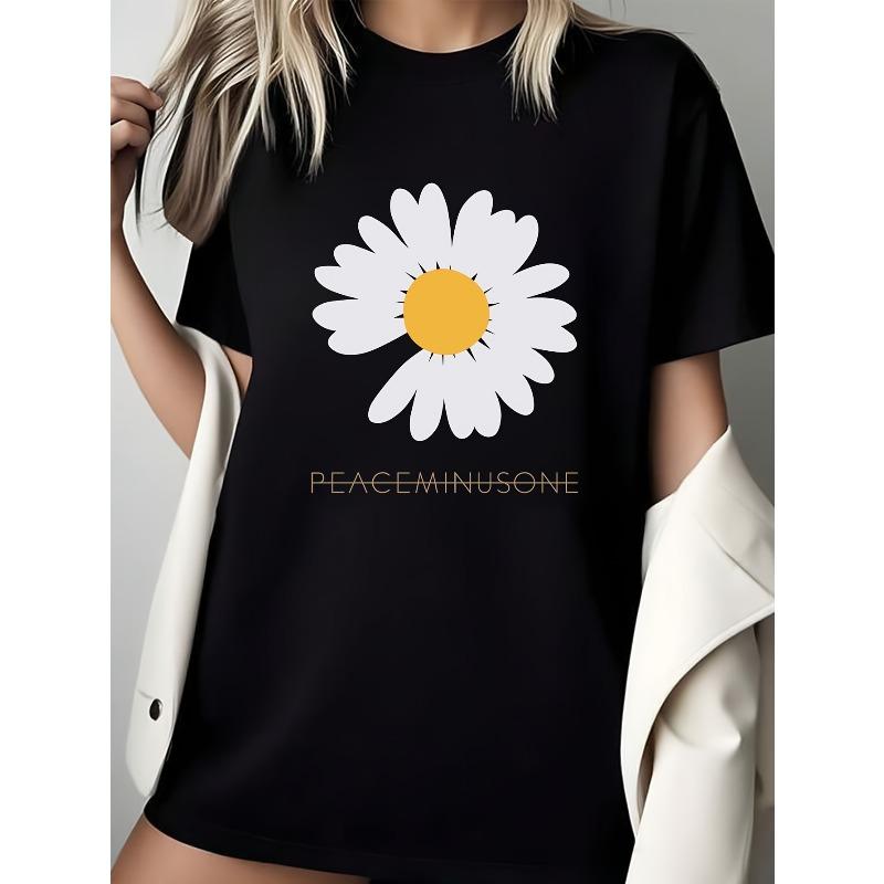 Simple Daisies Print T-shirt Loose black short-sleeved, stylish and versatile, suitable for daily casual wear.