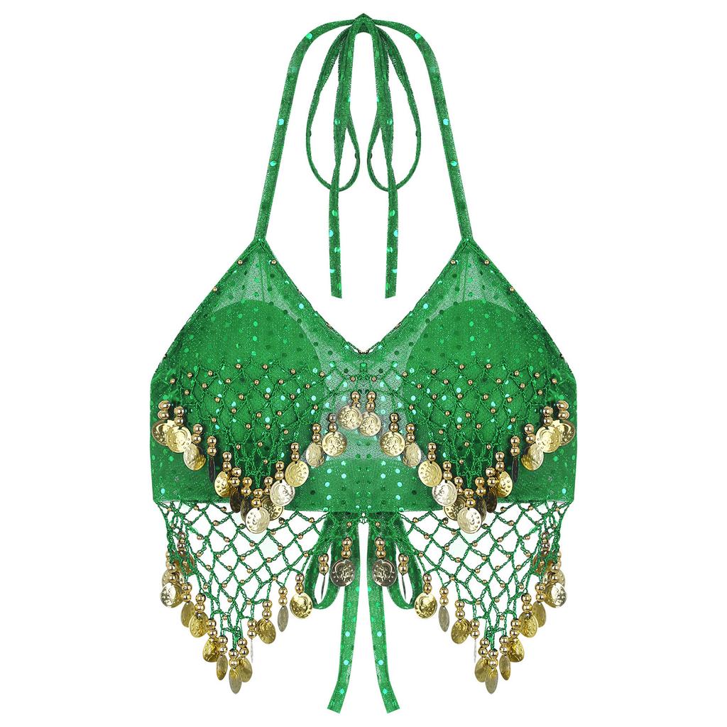 Женский бюстгальтер-топ для танца живота с бретельками через шею, сетка из пайеток, пластиковые бусины, четкие кисточки, шнуровка, укороченный топ для танцев, костюм для выступлений