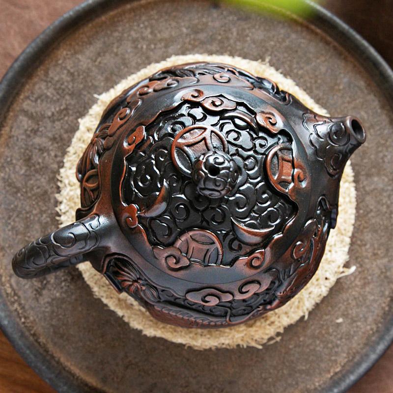 Фиолетовая керамика Винтажный чайник ручной работы Керамический резной чайник кунг-фу Одиночный чайник Наборы для приготовления чая пуэр Китайский чайник