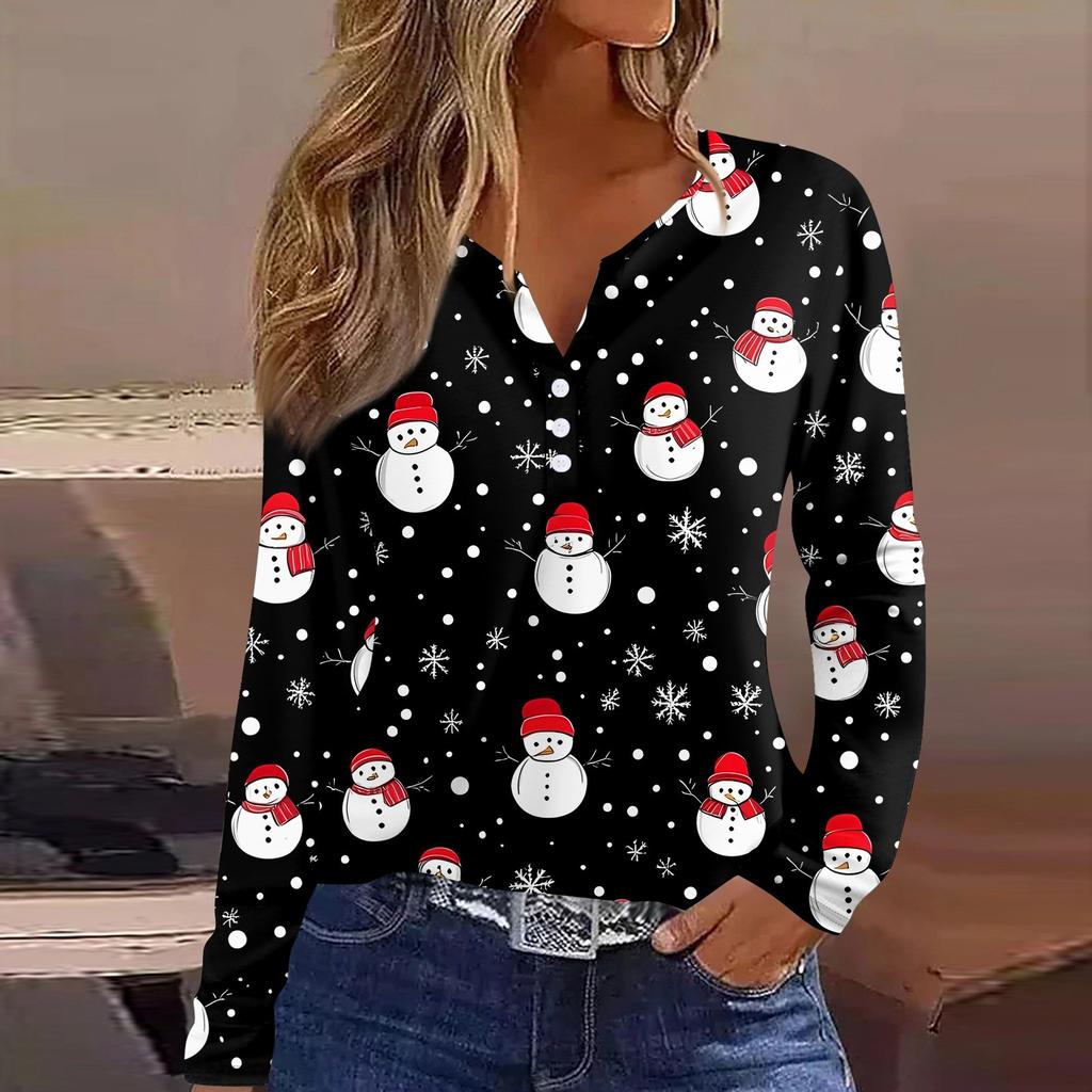 Women's T Shirt Tee Christmas Print Button Long Sleeve Daily Weekend Fashion Basic V- Neck Regular Top