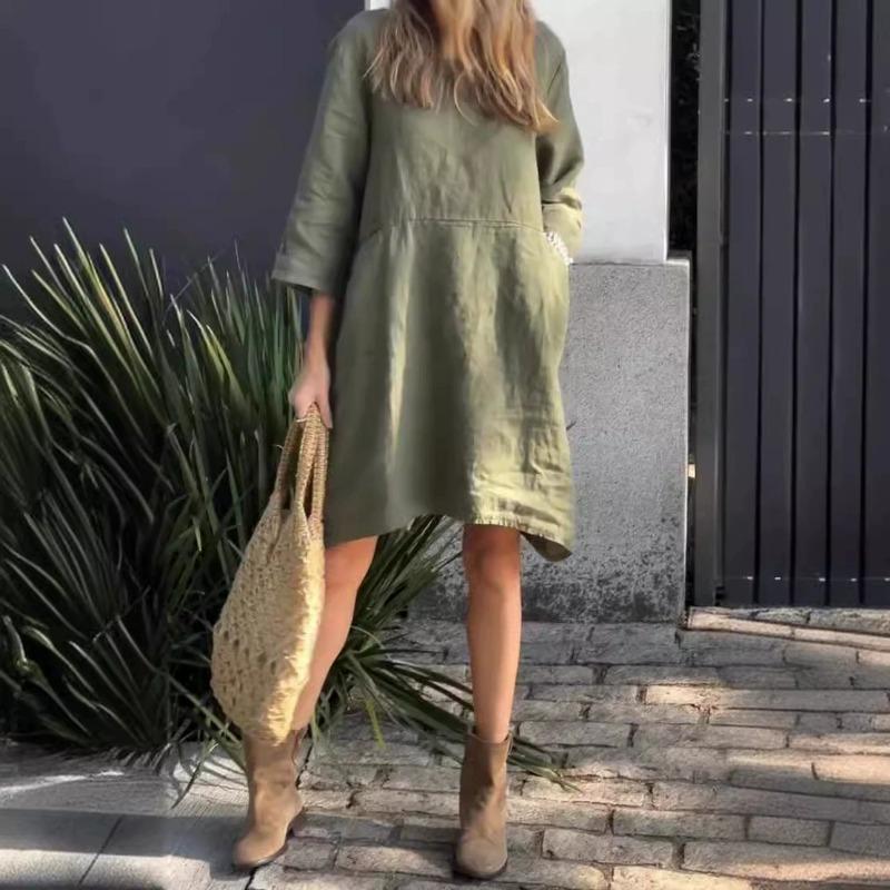 Summer Ladies Lovely Solid Color Loose Casual Pocket Cotton Linen Dress