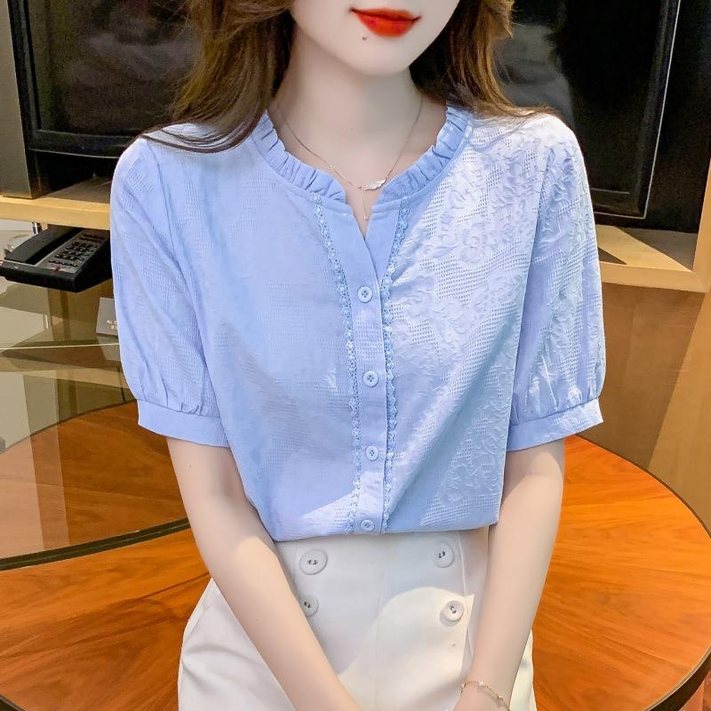Women Ruffled Collar Cotton Jacquard Embroidered Short Sleeve Casual Blouse