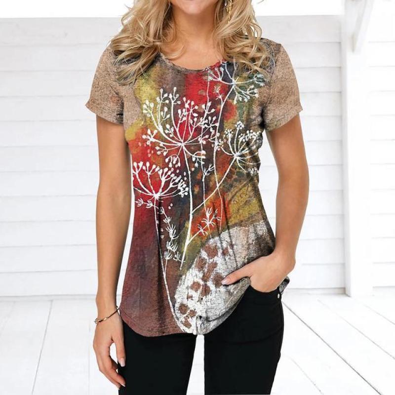Летняя женская футболка в стиле ретро с цветочным принтом, повседневная повседневная футболка, обычный пуловер для женщин, женская одежда с коротким рукавом и круглым вырезом