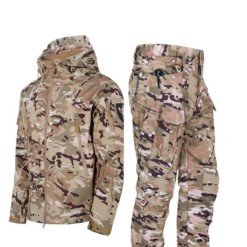 Winter Outdoor Men's Training Suit Tactical Camouflage Assault Plush Waterproof Adventure Skiing Jacket Travel Clothing Workwear