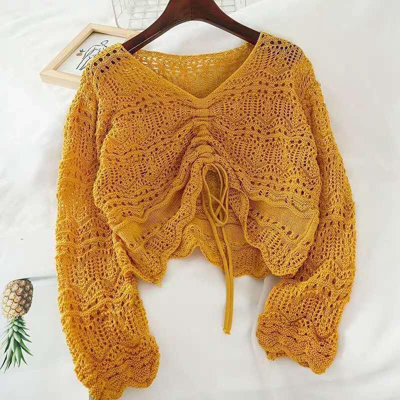 Womens Openwork Knit Sweater Loose Thin Long Sleeve Top Early Street Style