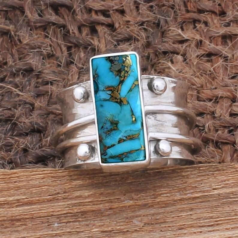 Длинное прямоугольное кольцо с синей медью и бирюзой, тяжелое кольцо, рождественский подарок на День святого Валентина, подарок на День Благодарения, эффектное кольцо, серебряное кольцо 925 пробы