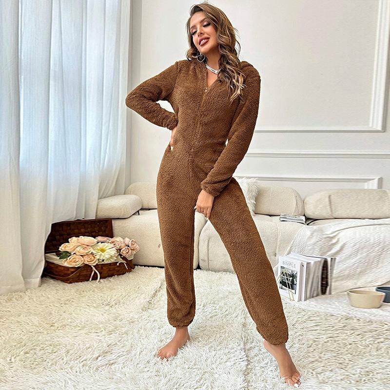 Осень Зима утолщенный Вельвет Женский комбинезон с капюшоном повседневный однотонный Фланелевый Теплый Женский Домашняя одежда Модный Комбинезон пижама Домашняя одежда
