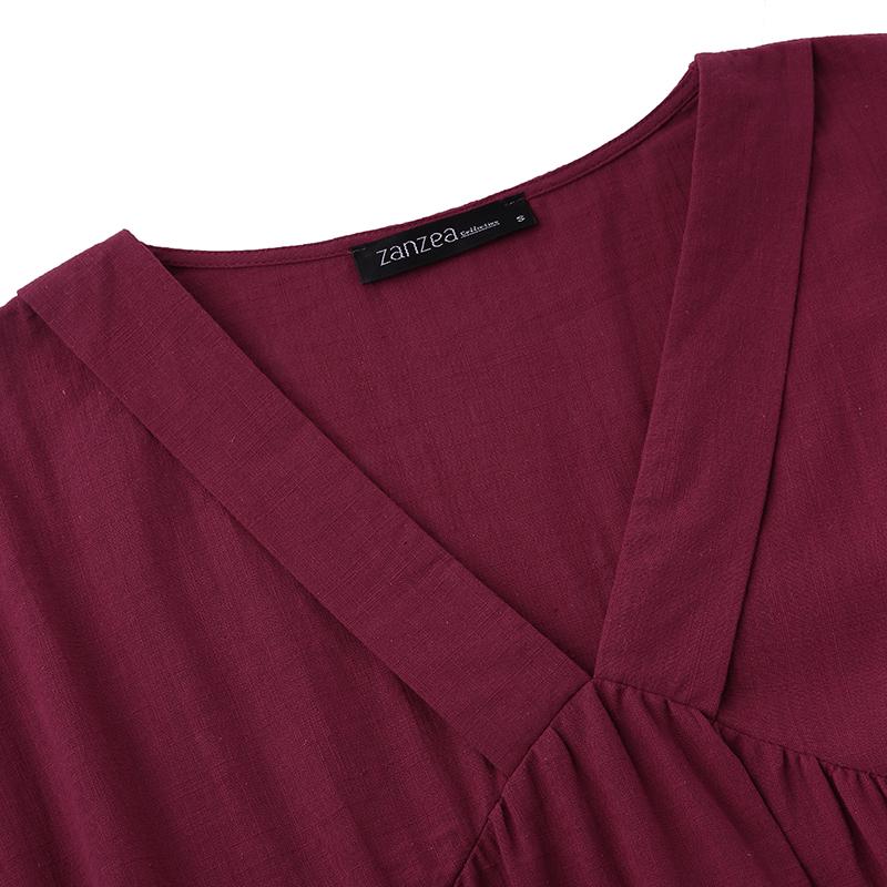 ZANZEA Ladies V Neck Short Sleeve Baggy Ruffled Sundress Loose Summer Beach Dress