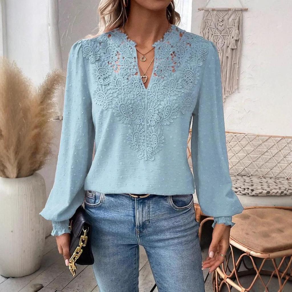 Женский повседневный топ с V-образным вырезом, кружевом, однотонный, с длинным рукавом, для осени и зимы, 2024.