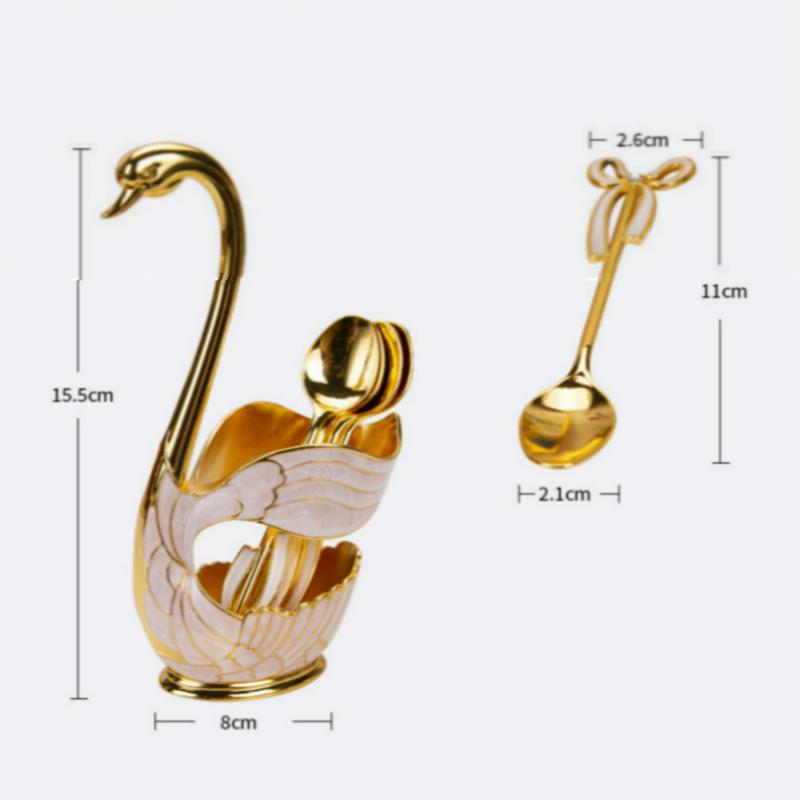 6Pcs/set Gold Silver Cutlery Set Dinnerware Silverware Flatware Set Swan Spoon Stand Holder Cake Dessert Snack Spoon Kitchen Set