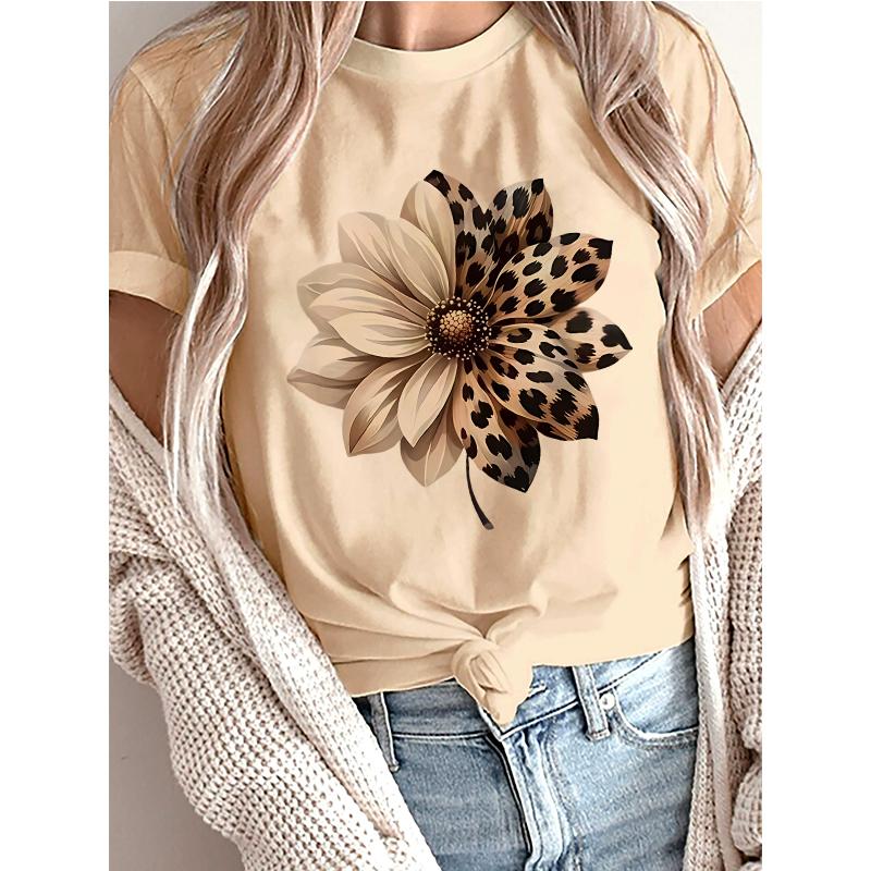 Женская футболка с леопардовым принтом, повседневная футболка с круглым вырезом, сезонная футболка с коротким рукавом, женская футболка