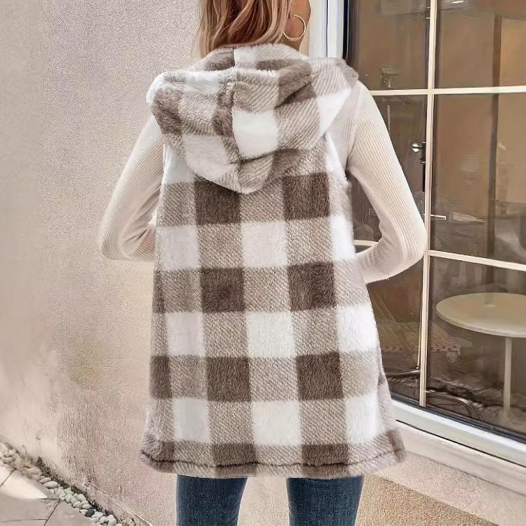 Женский темпераментный кардиган в клетку с капюшоном и плюшевым жилетом