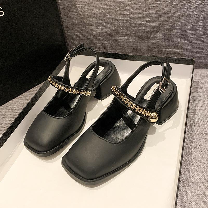 Французские черные босоножки-мешки на высоком каблуке, женская обувь 2025 года, новые весенне-летние туфли Мэри Джейн на толстом каблуке, вечерние туфли