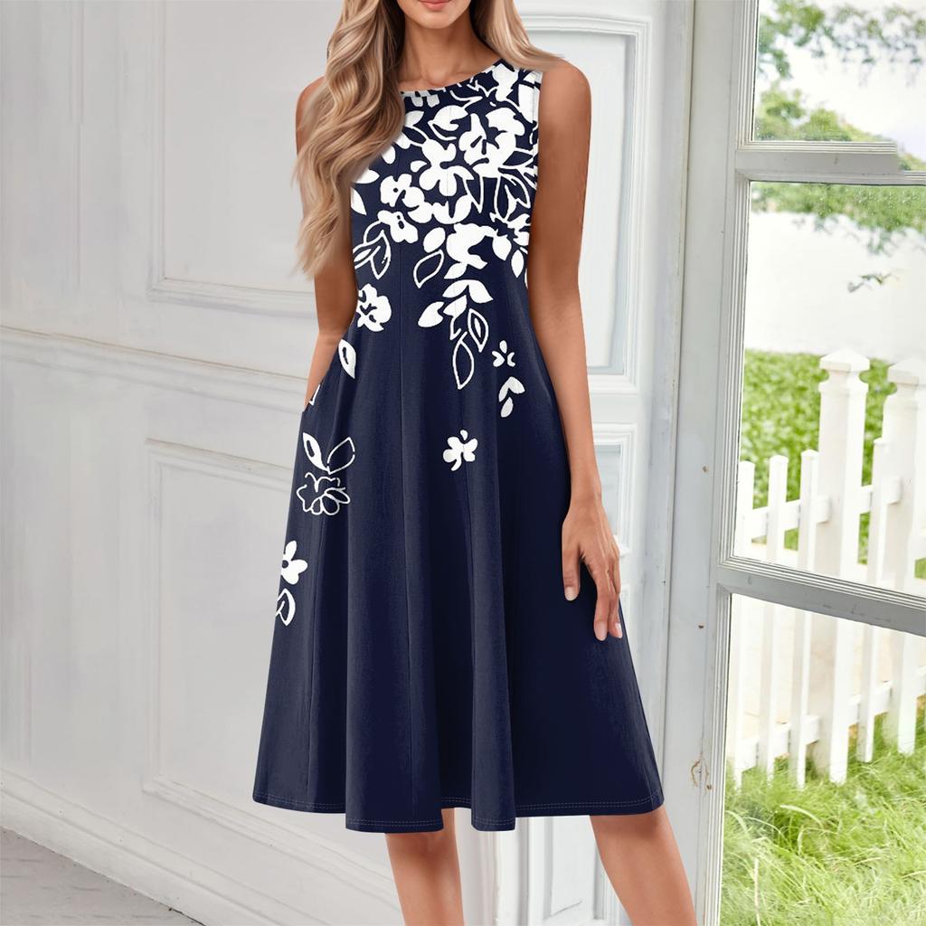 Женское модное повседневное платье-пуловер с круглым вырезом без рукавов и принтом средней длины