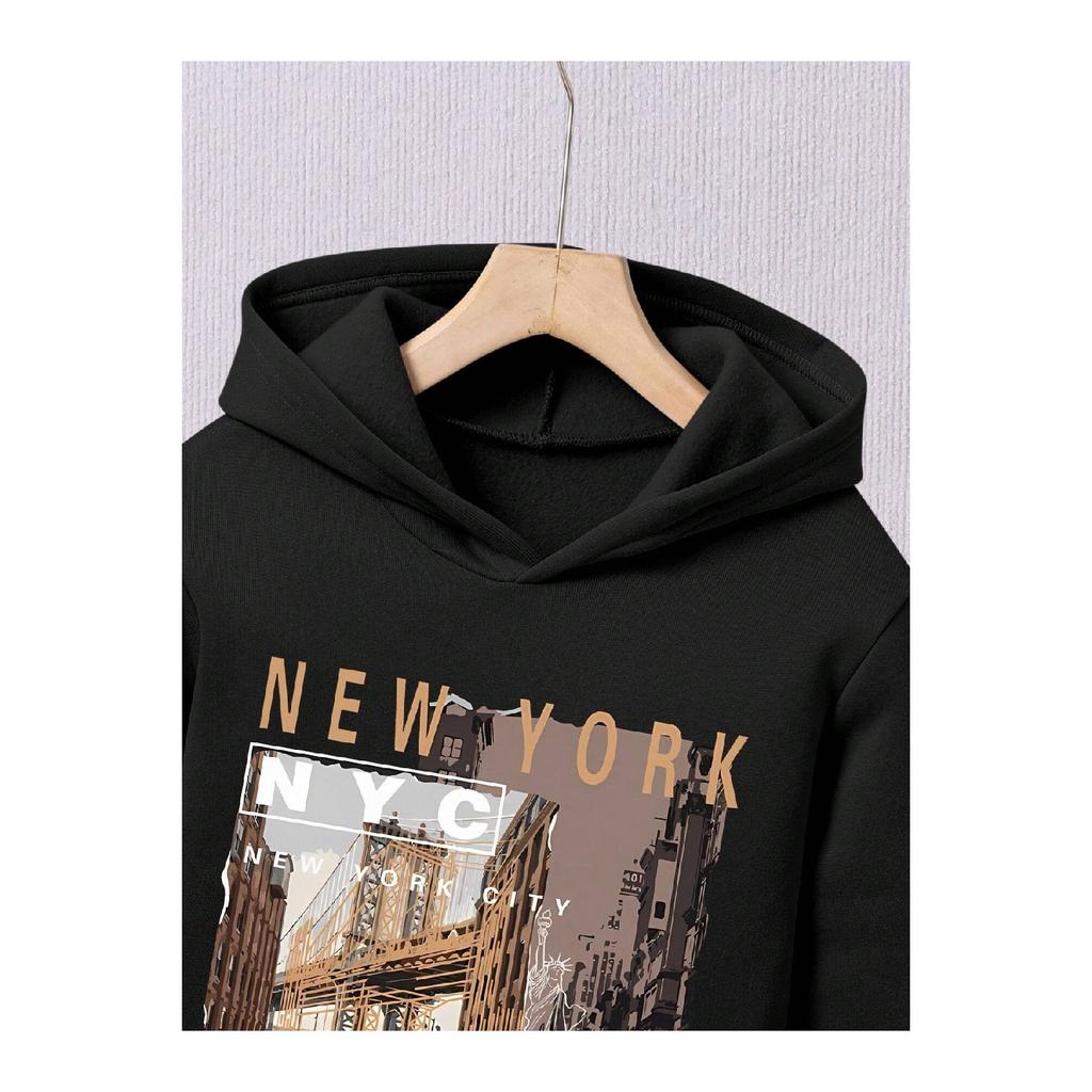 Темно-синий мужской спортивный костюм оверсайз с мягким пушистым принтом Nyc