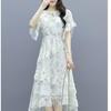Elegant Summer Chiffon Floral Dress Women Slim Waist Midi Cake Dress Fashion Short Sleeve