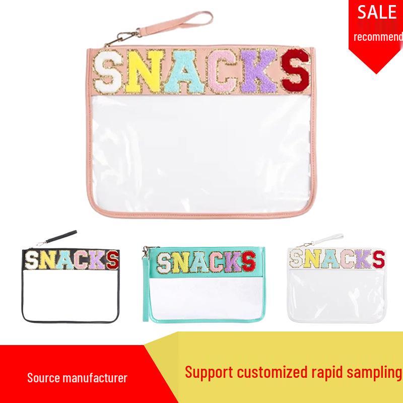 Transparent PVC Zipper Snack Bag with Embroidered Letters - Portable PU Waterproof Makeup and Toiletry Handbag