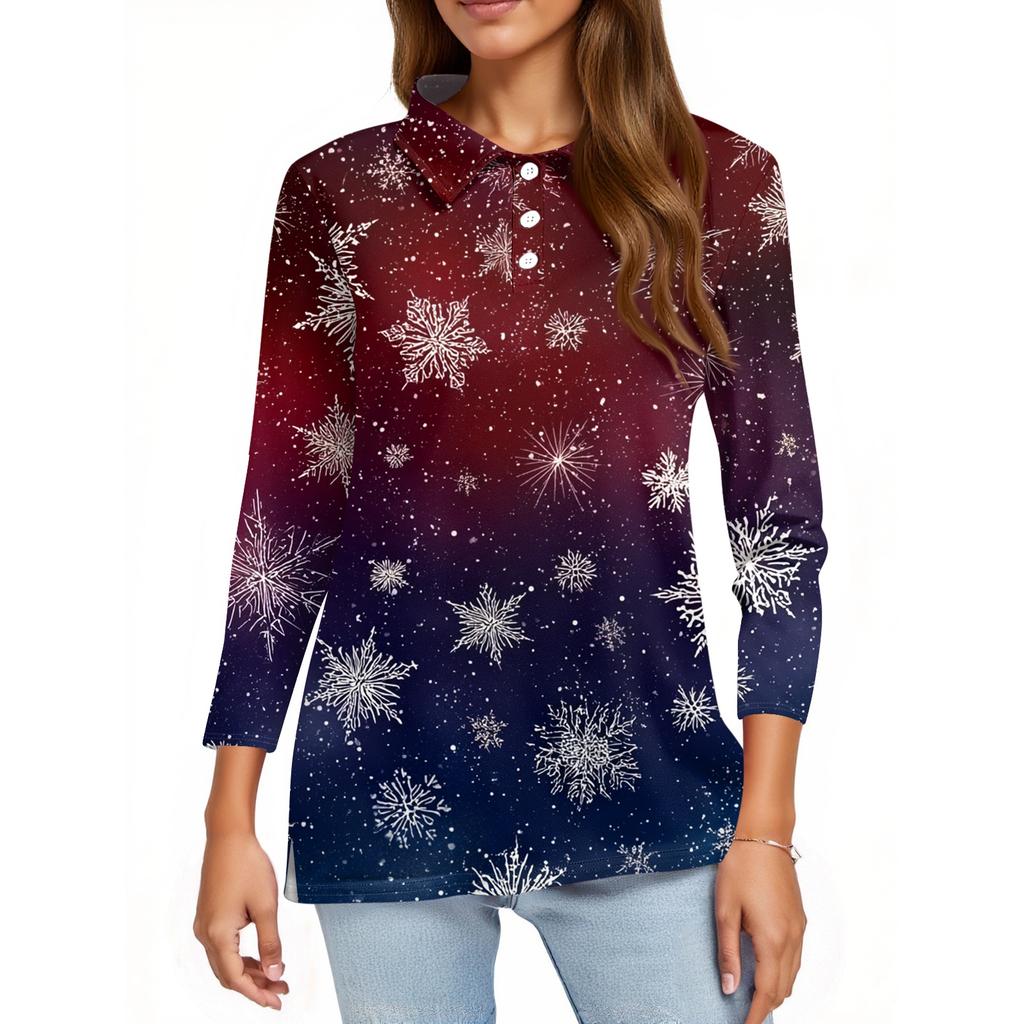 Women's Fashion Casual Lapel Short 3/4 Sleeve Christmas Print Shirt Women's Button Up Tops