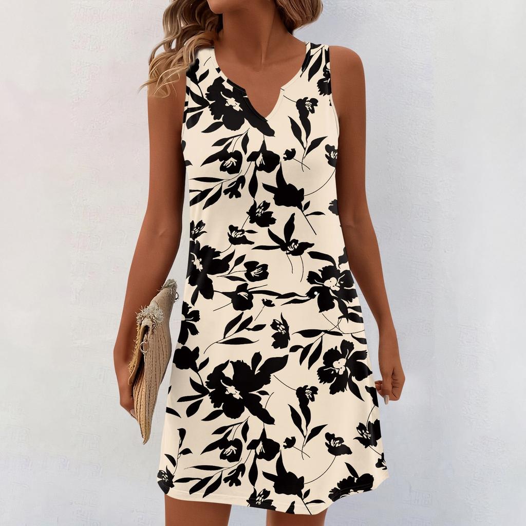 Женские летние платья с V-образным вырезом и принтом без рукавов Сарафан Повседневное платье