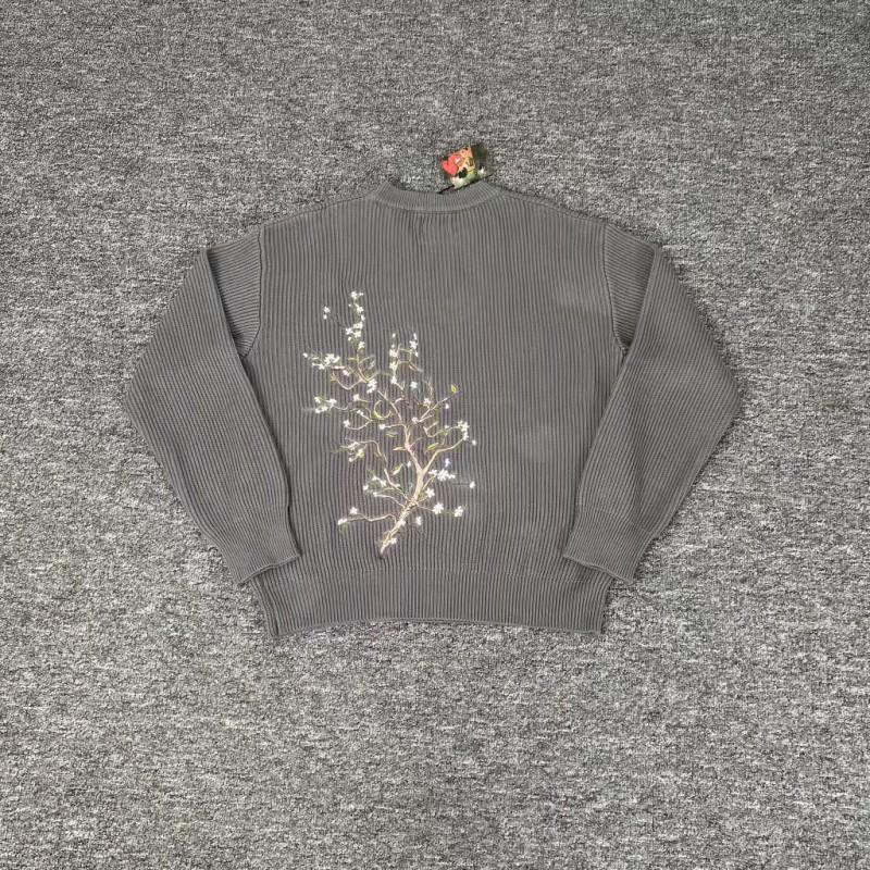 Street Style Embroidered Cherry Blossom Waffle Knit Loose Fit Long Sleeve T-Shirt Men Women