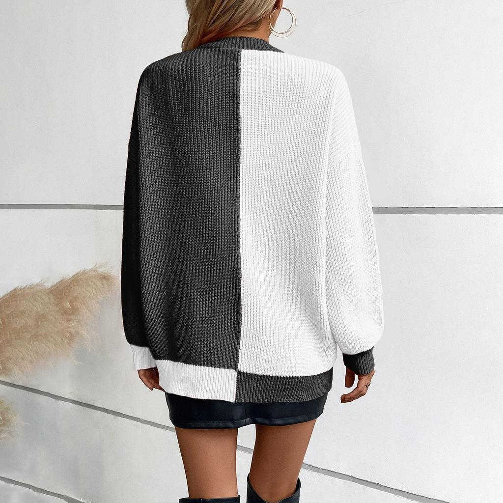 Women's Color Block Sweater Casual Loose Long Sleeved Knitted Cardigan Jacket