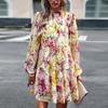 Women's O Neck Long Sleeve Loose All Match Casual Printed Floral Short Dress