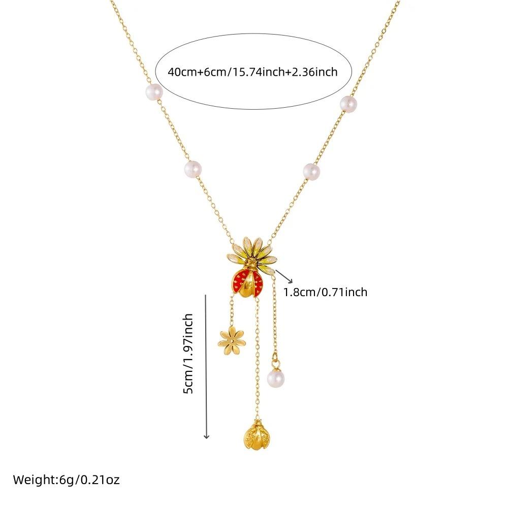 Stainless Steel Animal Ladybug Flower Pearl Fringe Necklace Earrings Set Lady New Trend Waterproof Jewelry Gift