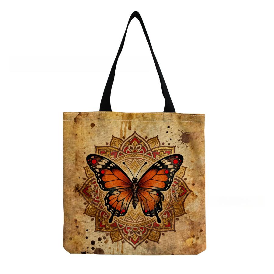 Women Vintage Linen Tote Bag - Large Capacity Butterfly Print Shoulder Handbag for Casual & Grocery Shopping KTB