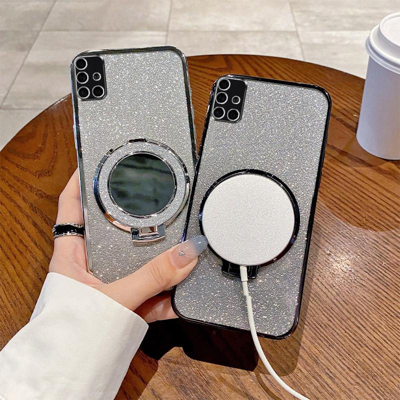 Cute Mirror Glitter Silicone Case For Samsung Galaxy A50 A51 A52 A52S A53 A54 A55 Magnetic Bracket Simple Shockproof Back Cover