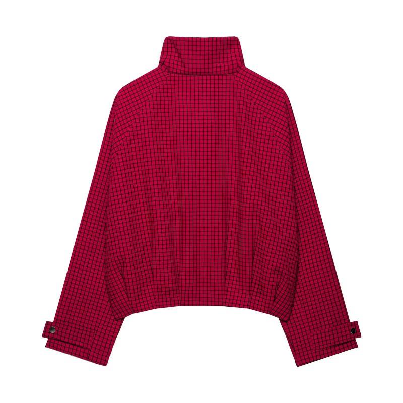Womens Stylish Plaid Pilot Jacket Loose Fit Stand Collar Zip Up Casual Outerwear